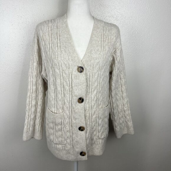 H&M Sweater Women Small Tan Knit Cardigan Button Up Wool Blend Grampa Pockets - Picture 14 of 14